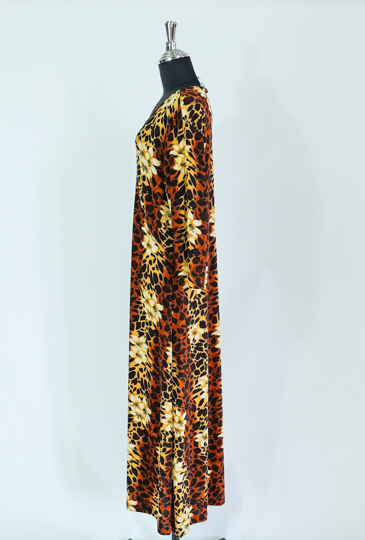 1980s Leopard Animal Print Caftan | 80s Brown Leopard Print & Flowers Maxi Dress | Carolyn Strauss | XLarge