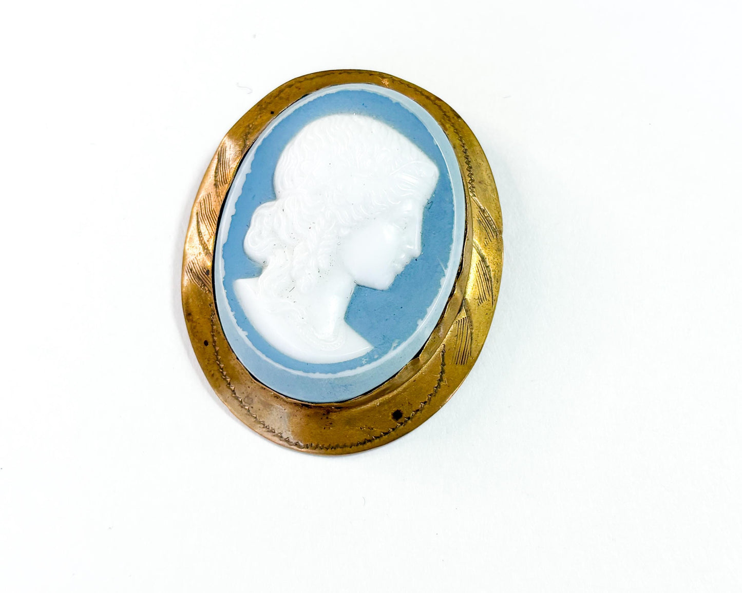 1930s Molded Glass Cameo with an Etched Brass Frame