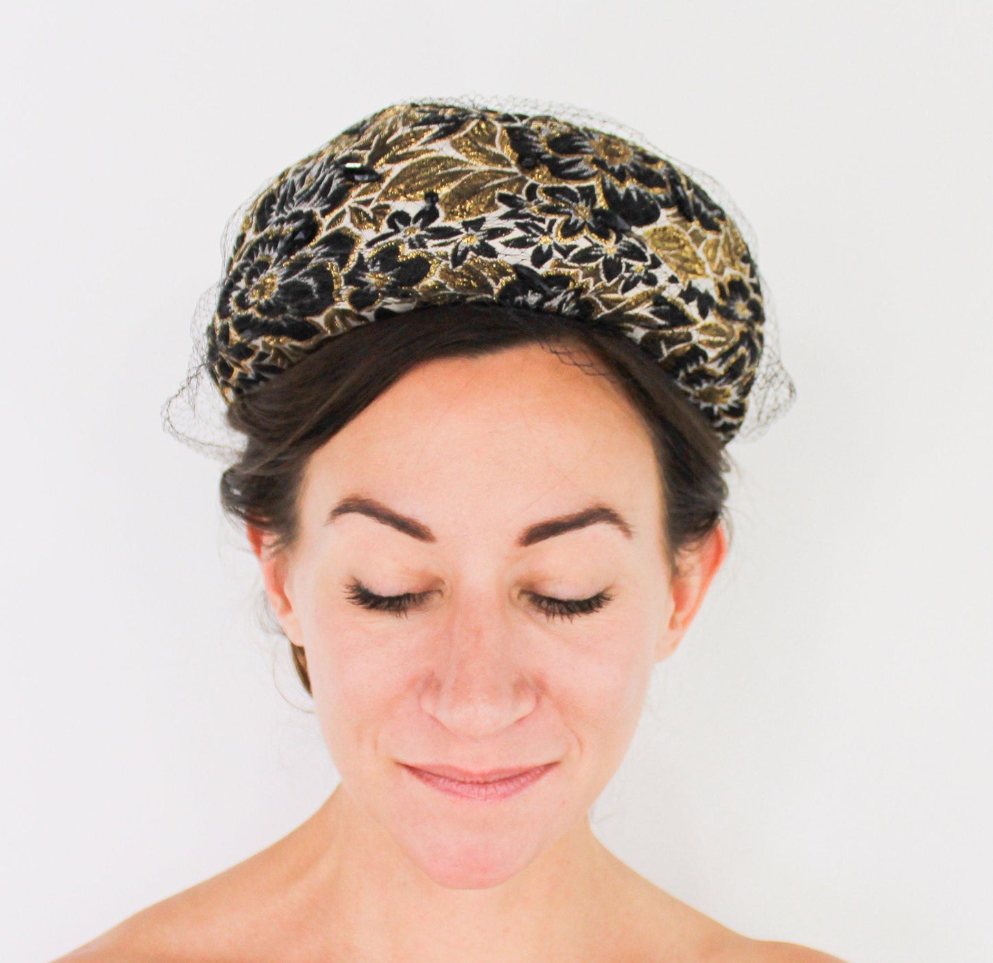 Vintage 1950s Black & Gold Brocade Pillbox Hat | Mr. Mac, Jackie O Style