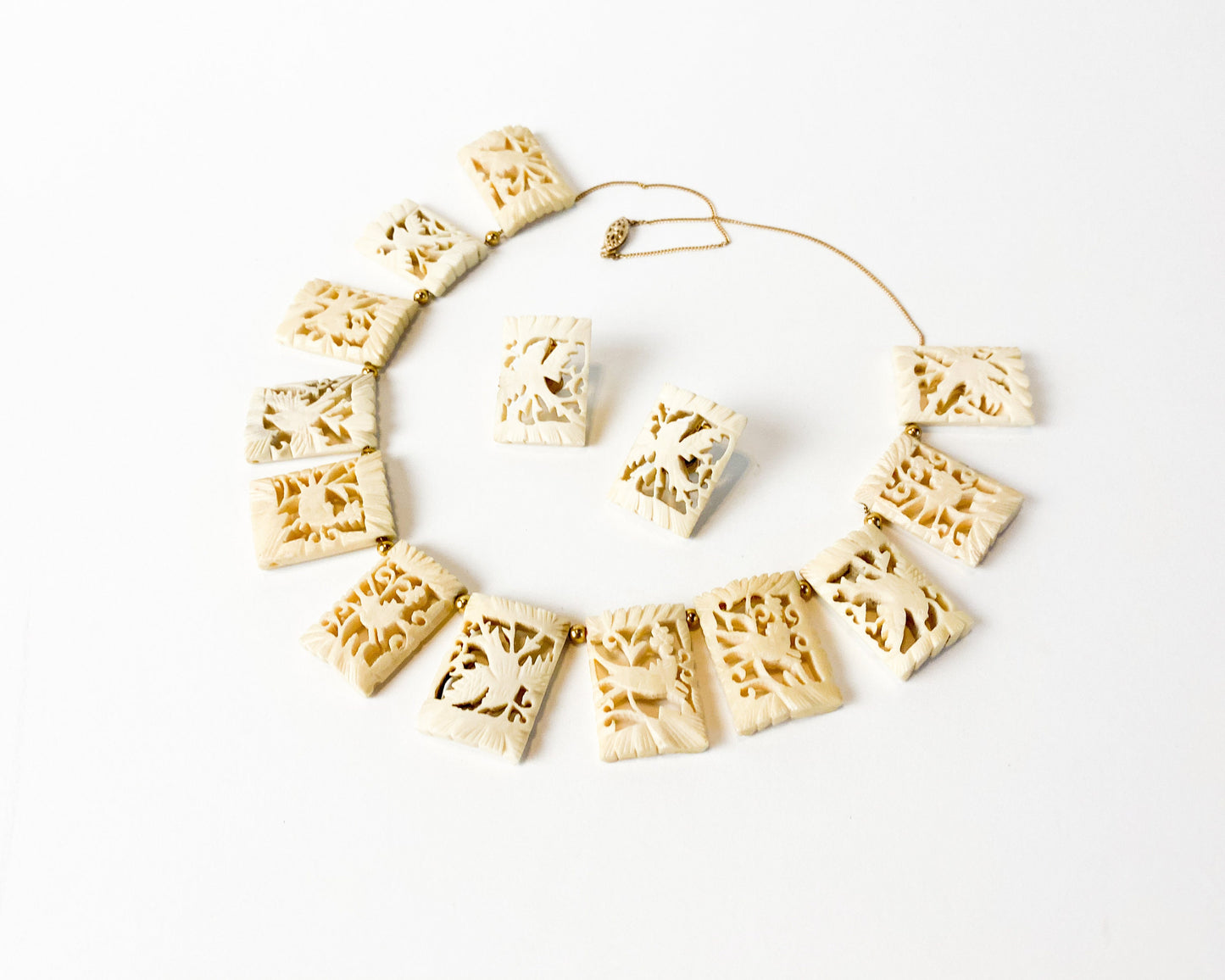 1950s Carved Bone Bird Necklace and Earrings Set
