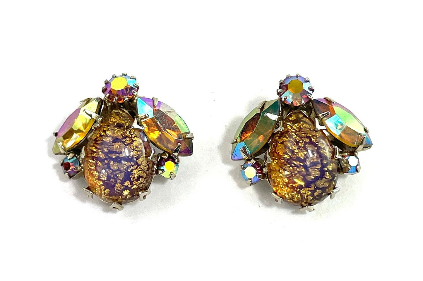 1950s Gold Glass Earrings | 50s Handset Rhinestone Foiled Glass Clip On Earrings