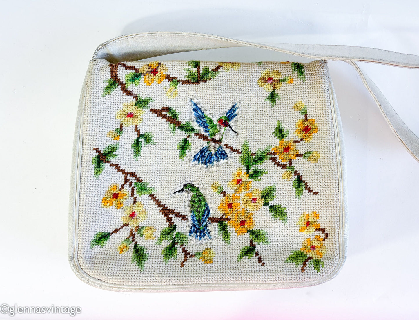 1960s Creme Needlepoint Shoulder Bag | 60s Beige Birds & Flowers Needlepoint Purse