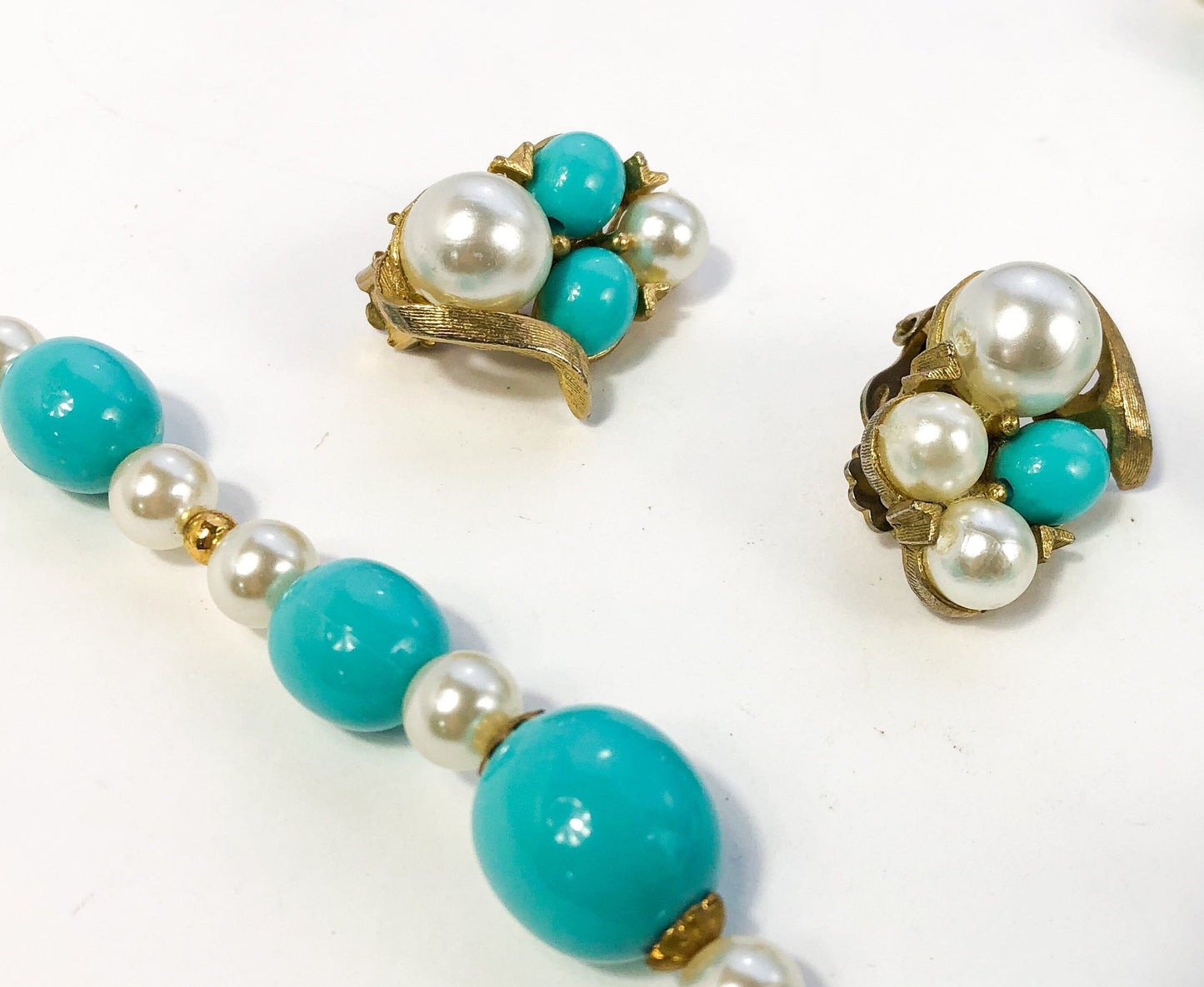 1960s Turquoise and Faux Pearl Necklace Set | Gold Pendant and Clip Earrings