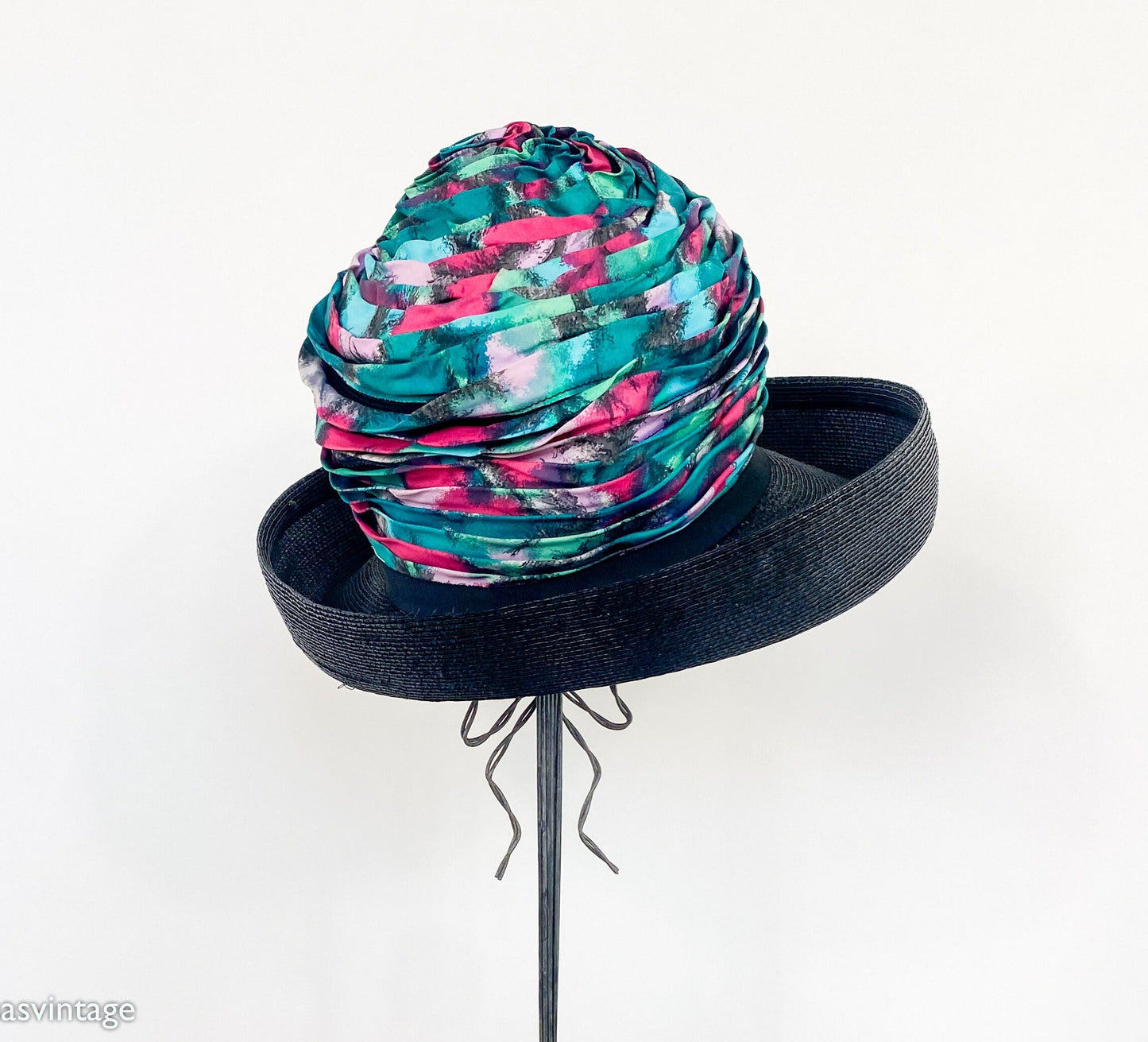 1960s Turquoise Print Silk High Crown Hat