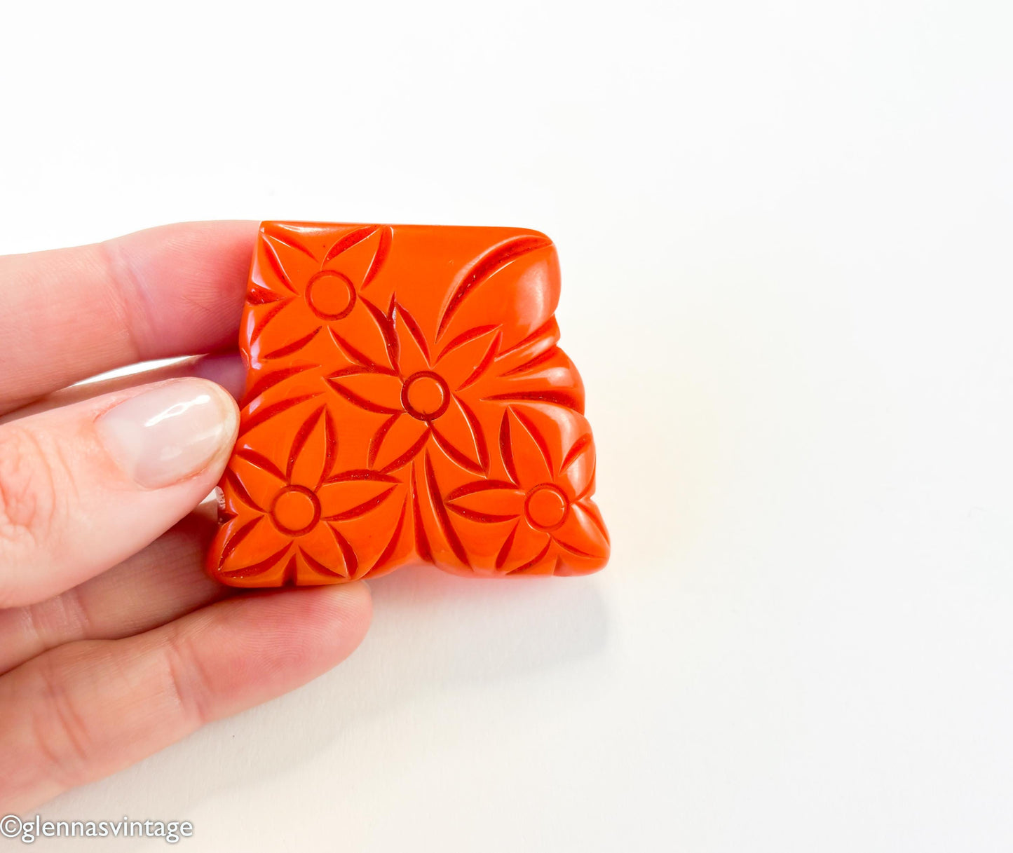 Vintage 1930s Orange Bakelite Dress Clip | Carved Floral Plastic Clip