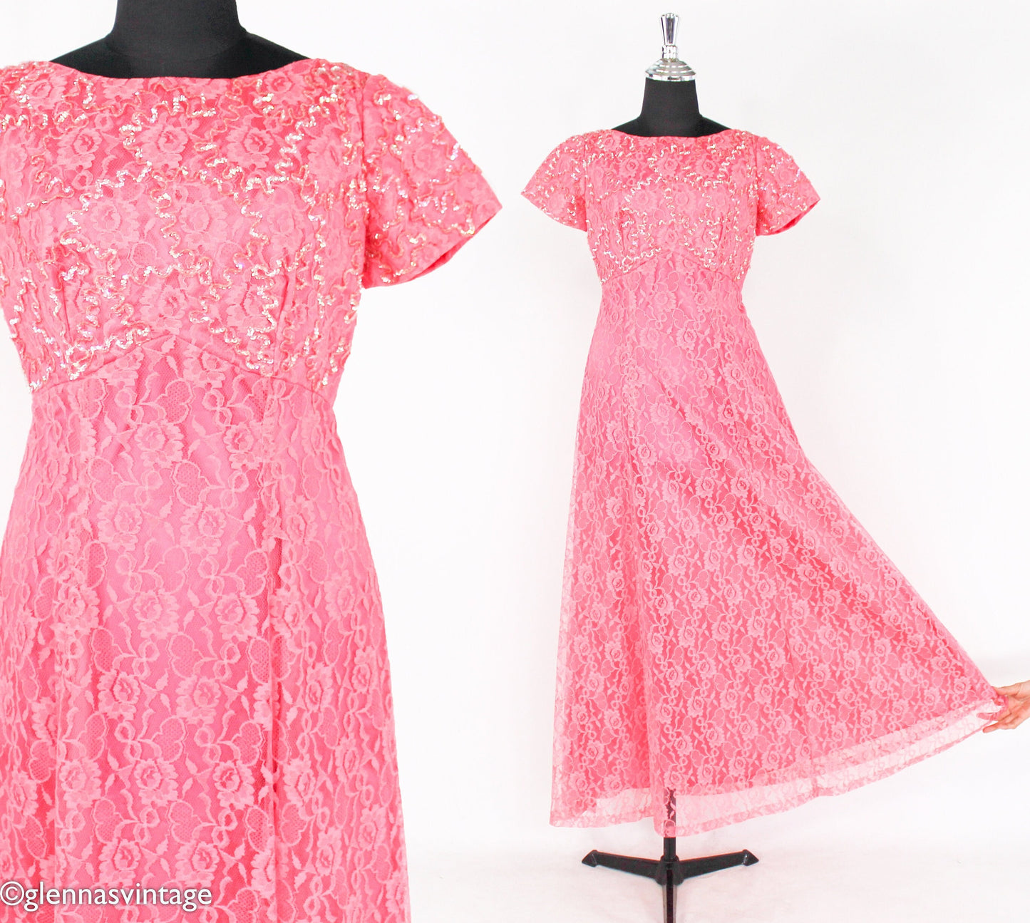 1950s Pink Lace & Sequin Formal Evening Dress, Medium