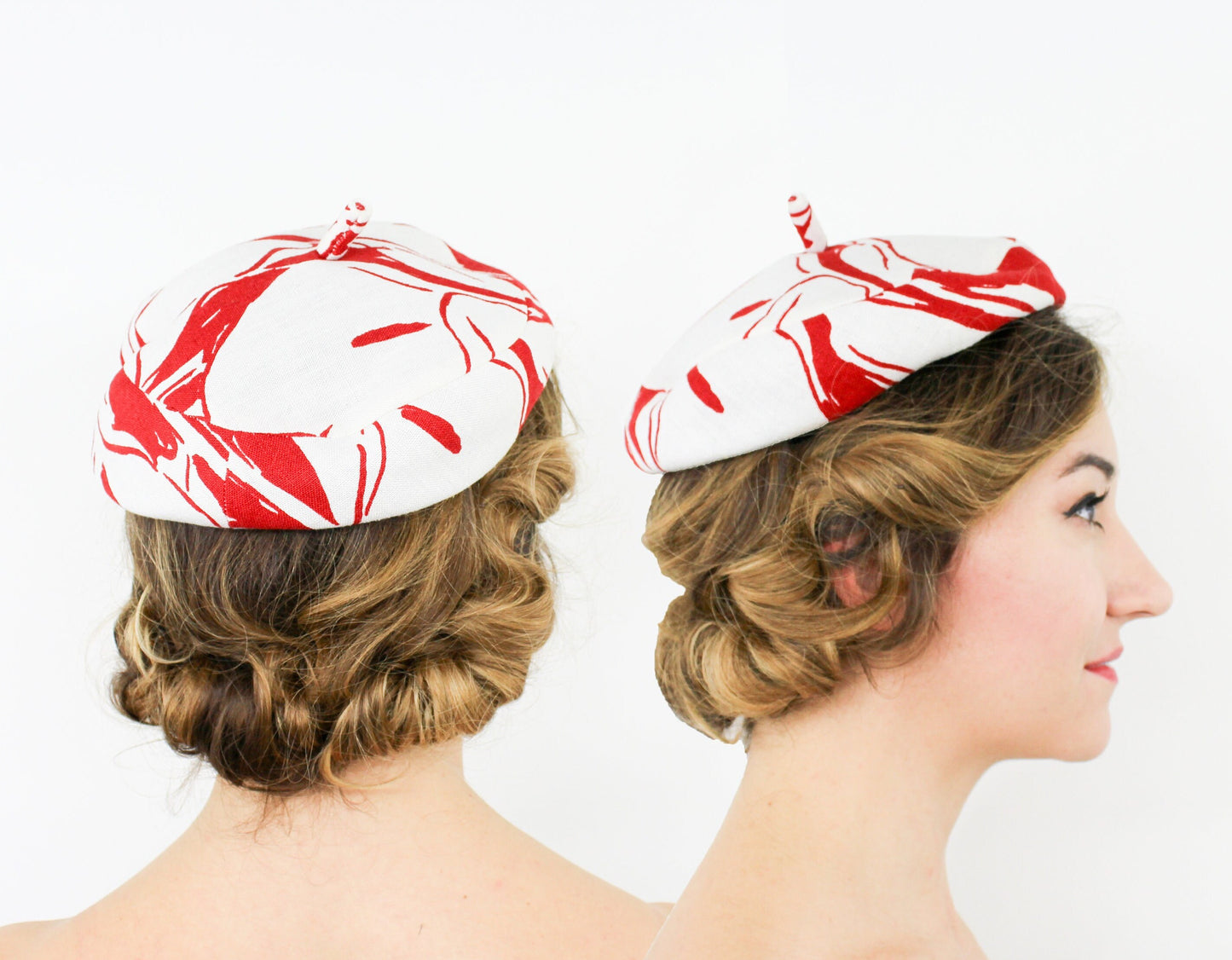 1950s Red & White Linen Beret, Saks Fifth Avenue Hat