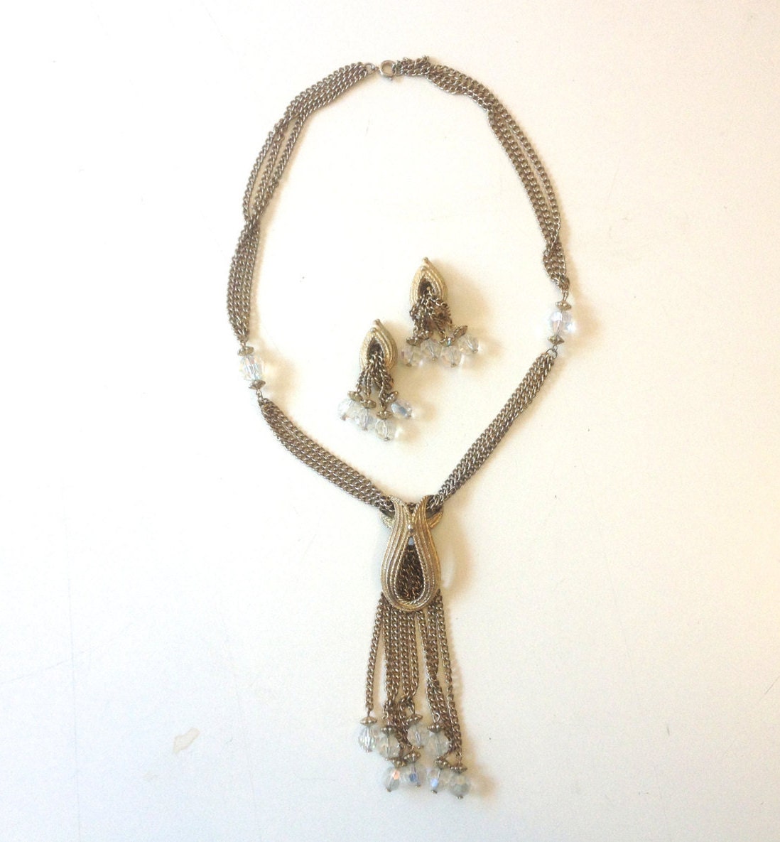 1950s Gold Pendent Necklace & Earrings Jewelry Set