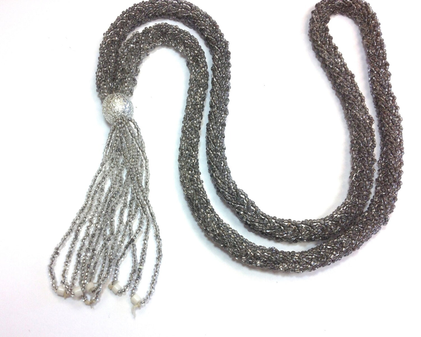 1900s Silver Glass Beaded Rope Necklace | Flapper Tassel Pendant