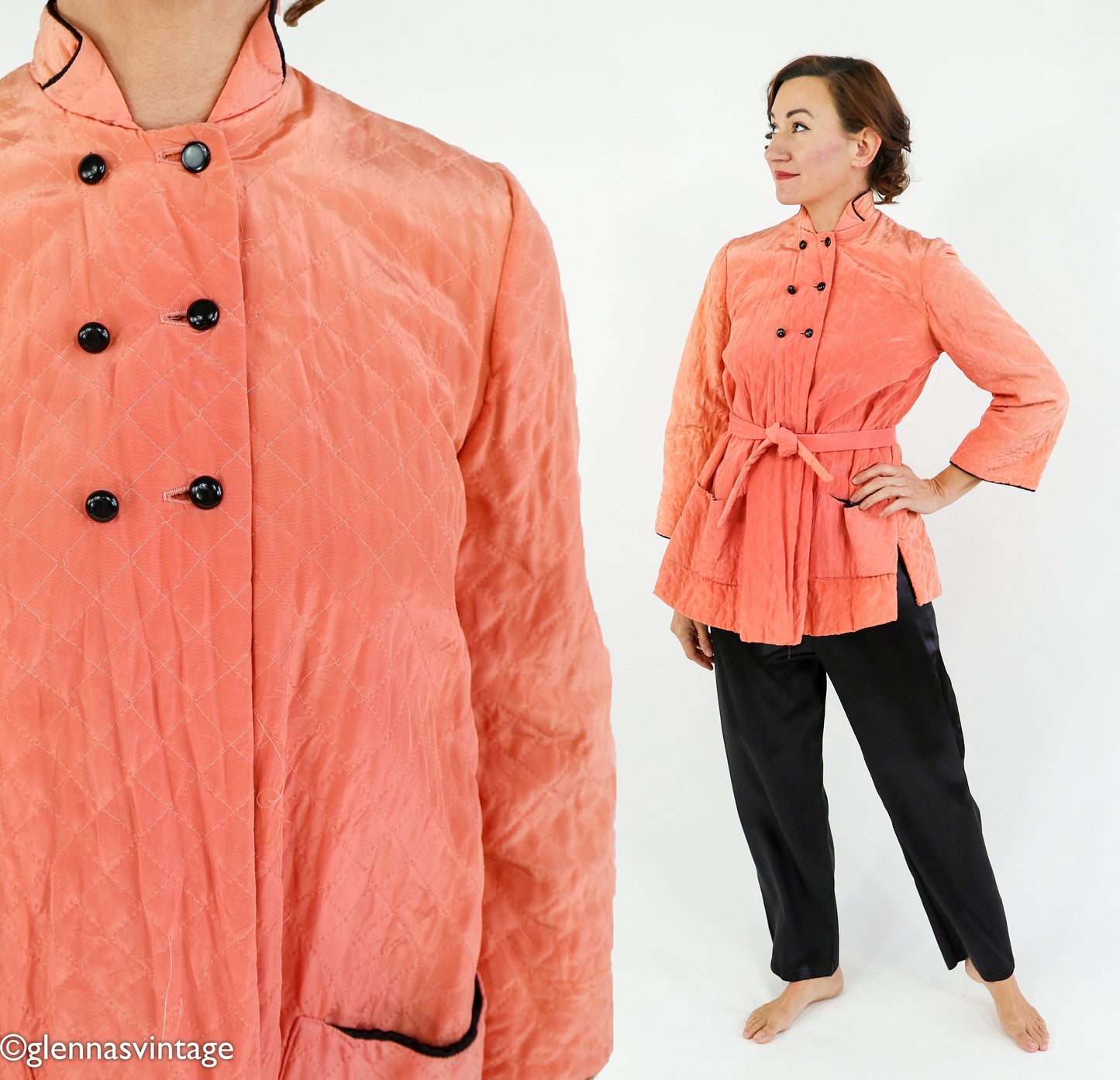 1940s Coral Quilted Pajamas Set, Peach Robe & Slacks, Medium