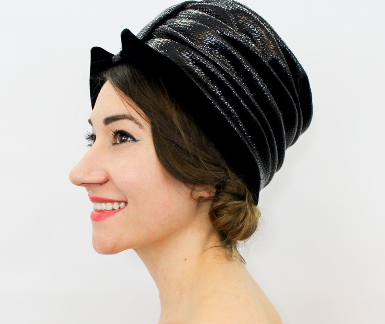 1960s Black Raffia High Crown Hat, Jackie O Style