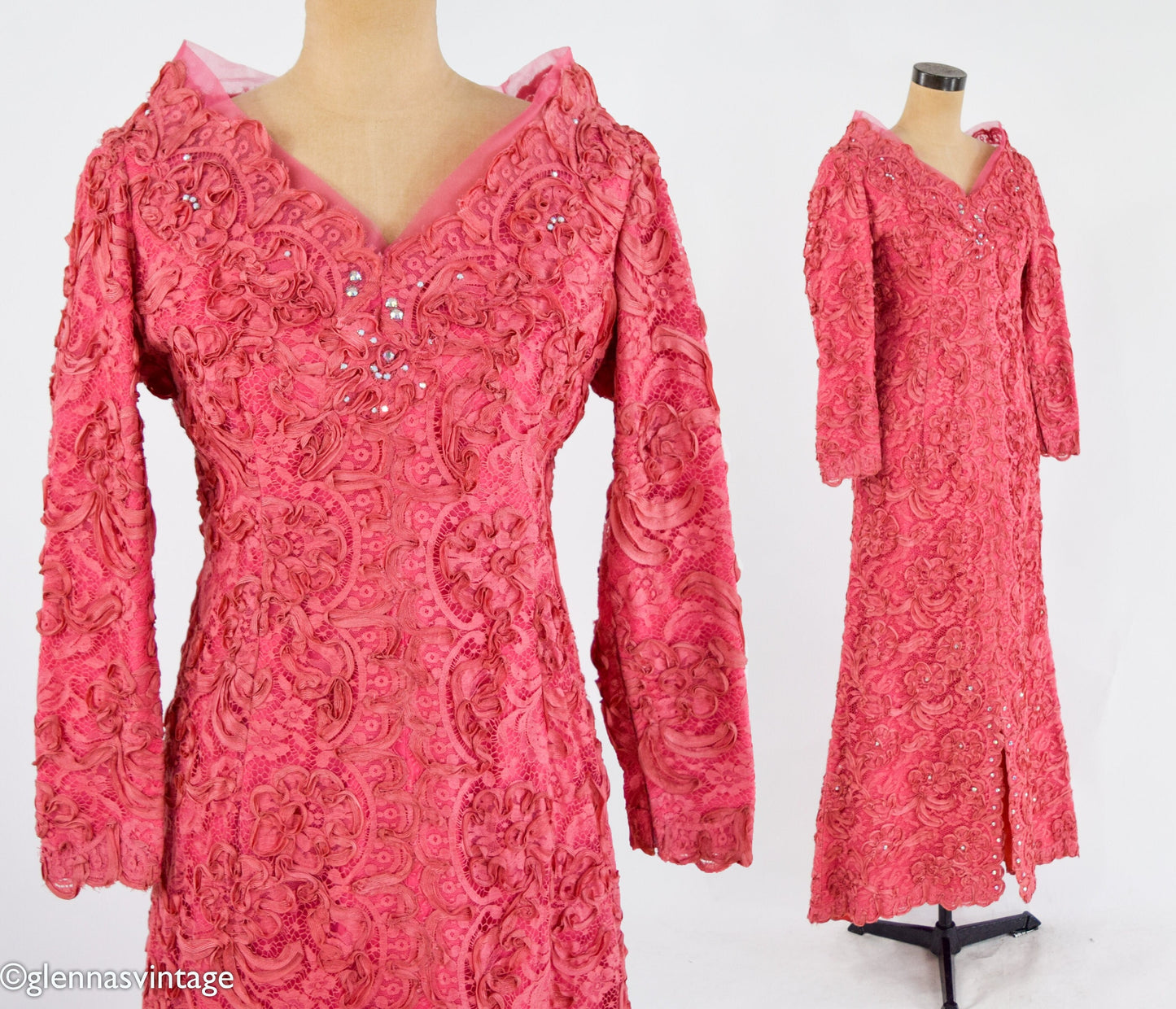 1940s Coral Pink Lace & Rhinestone Evening Gown | 40s Pink Soutache Lace Rhinestone Dress | Old Hollywood | Medium