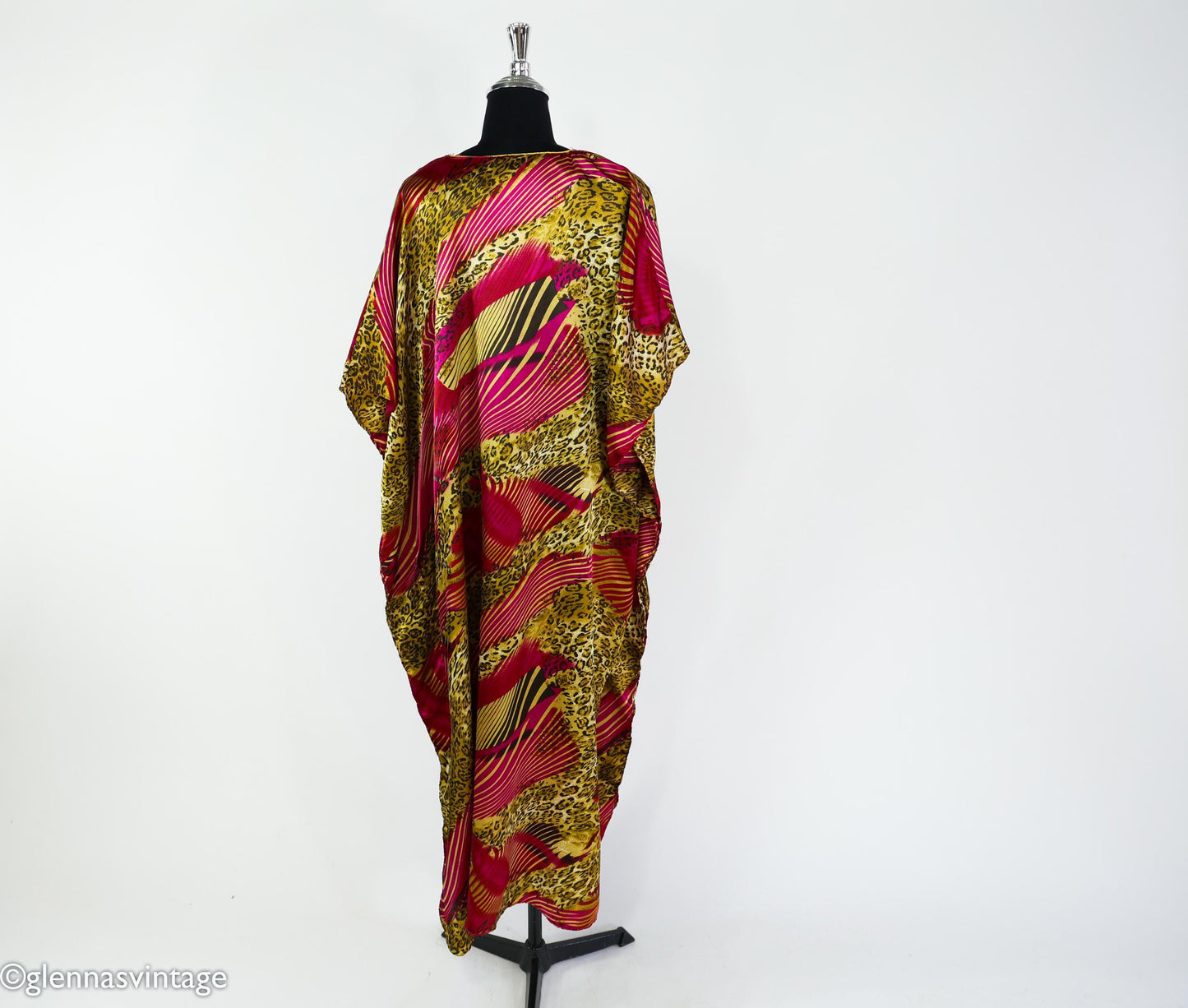 1990s Animal Print Caftan, Burgundy Pink Gold, Plus Size Silk Blend