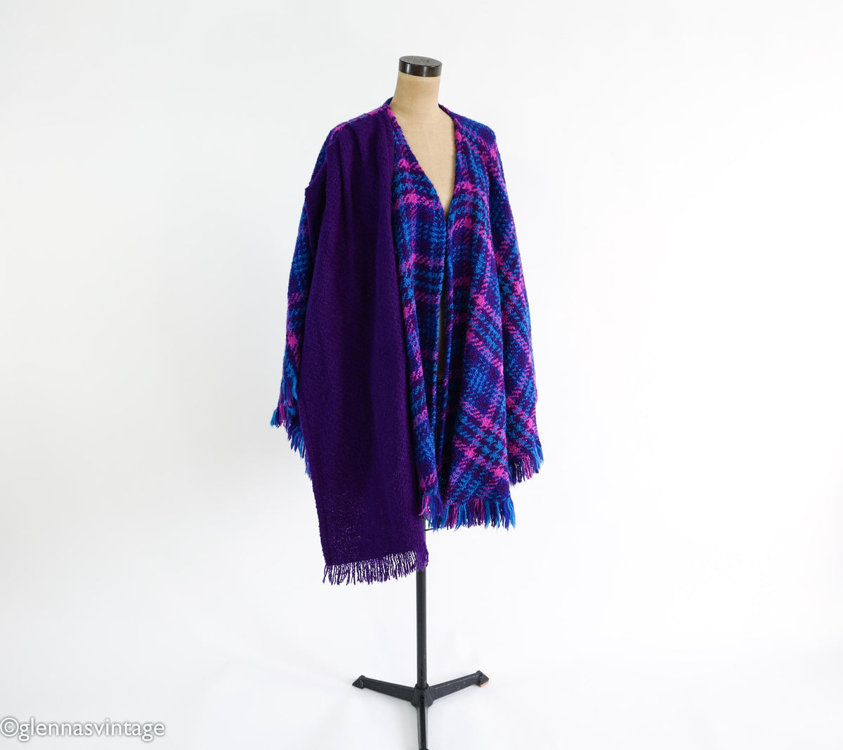 1980s Purple Blue Plaid Cape Irish Wool Cape, One Size