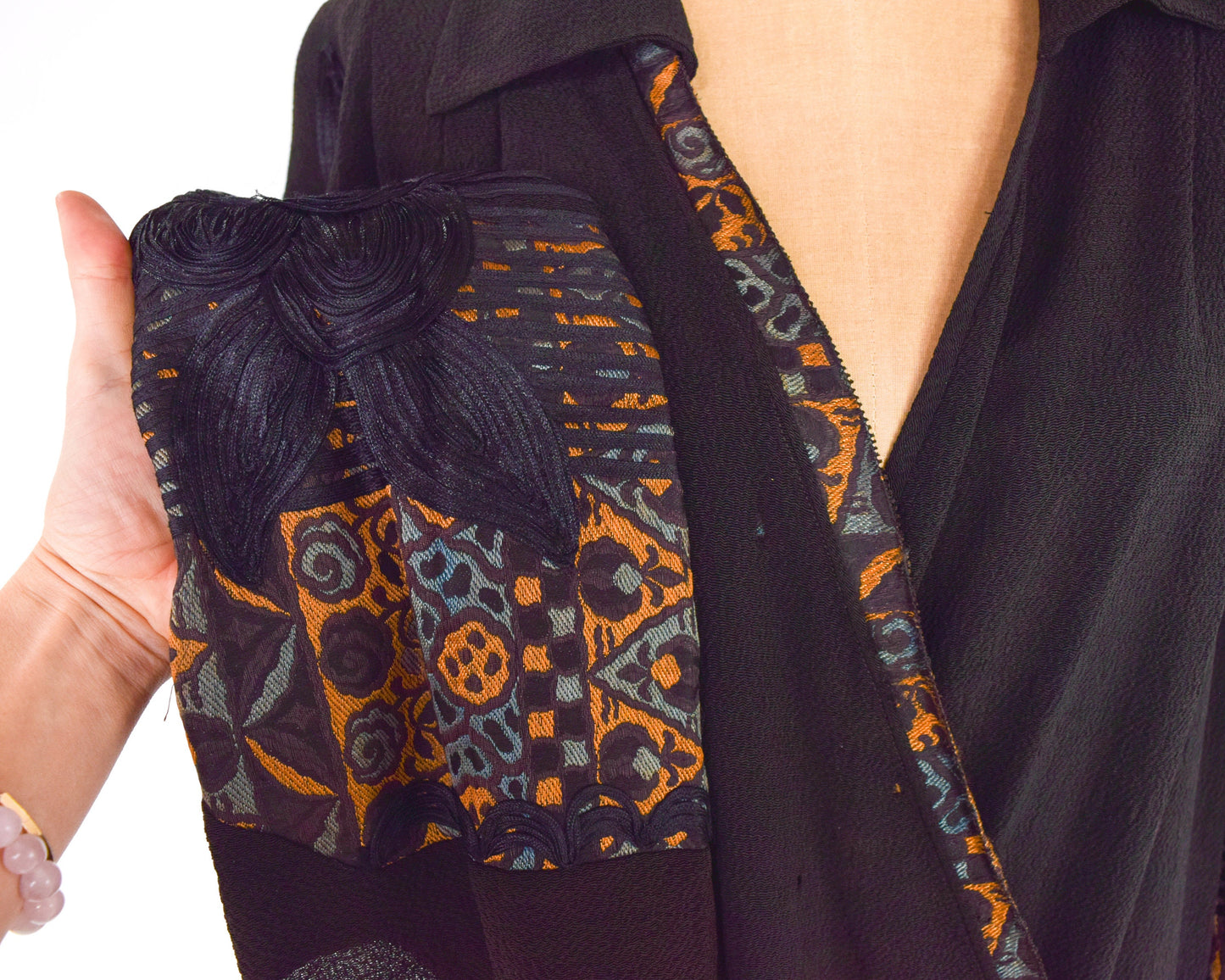 1900s Black Embroidered Crepe Wrap Dress, Downton Abbey Style, Large
