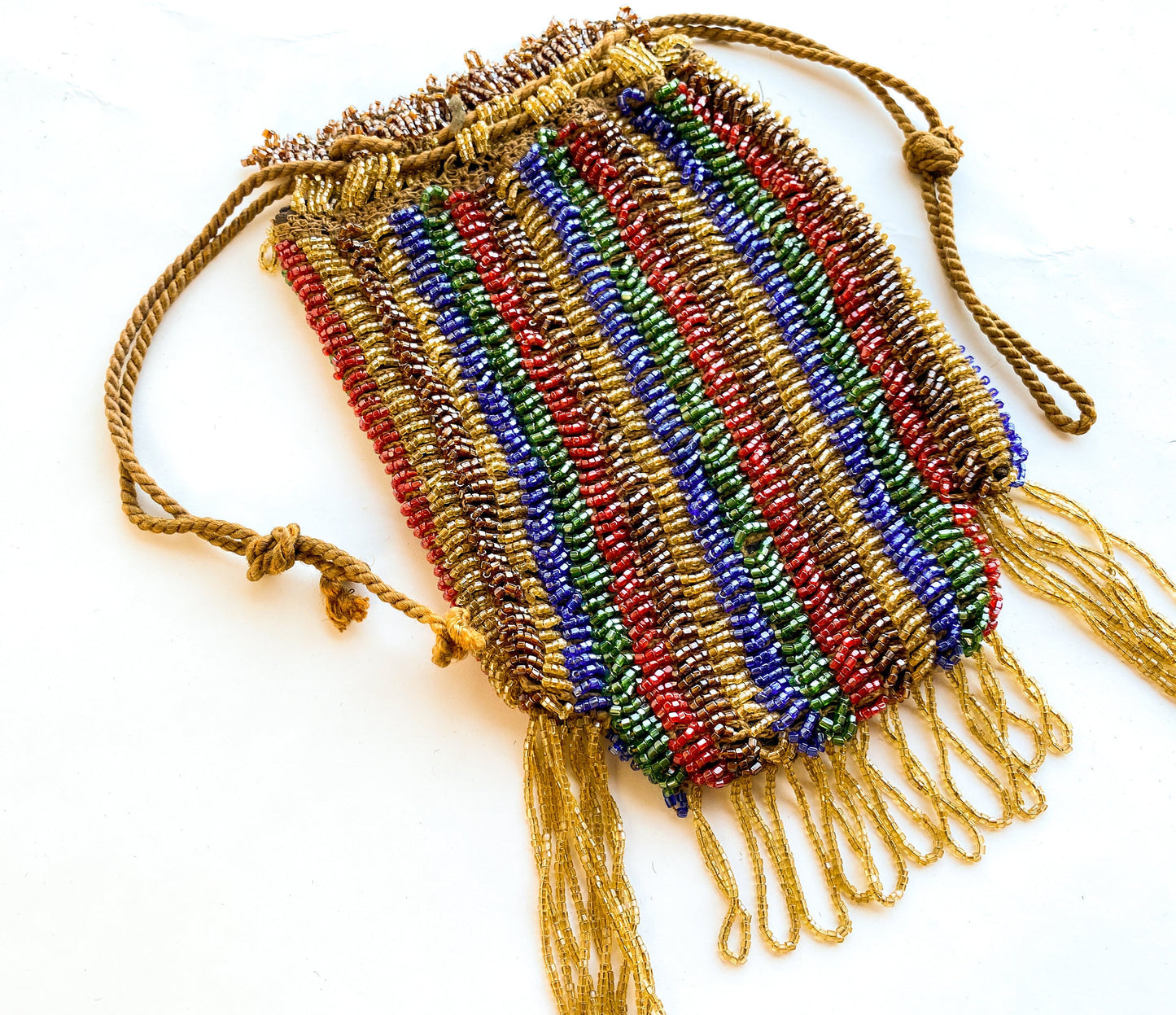 1900s Gold Striped Beaded Handbag | Red & Gold Beaded Stripe Pouch Bag | Downtown Abby