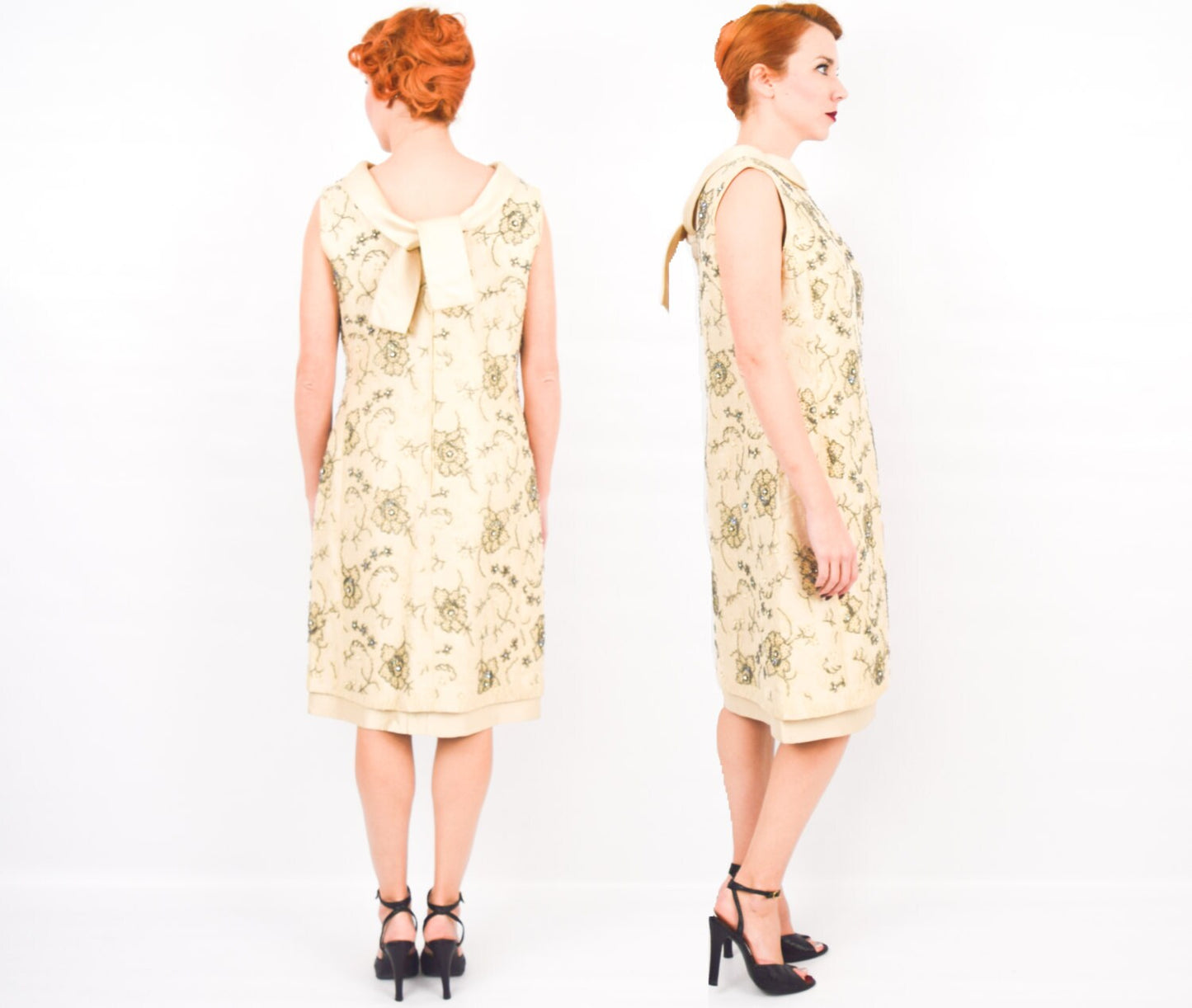 1960s Beaded Silk Cocktail Dress | Vintage Floral Lace, Medium