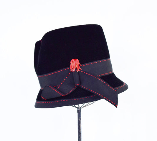 1960s Mr Philippe Black Velour Bucket Hat, Jackie O Style Cloche