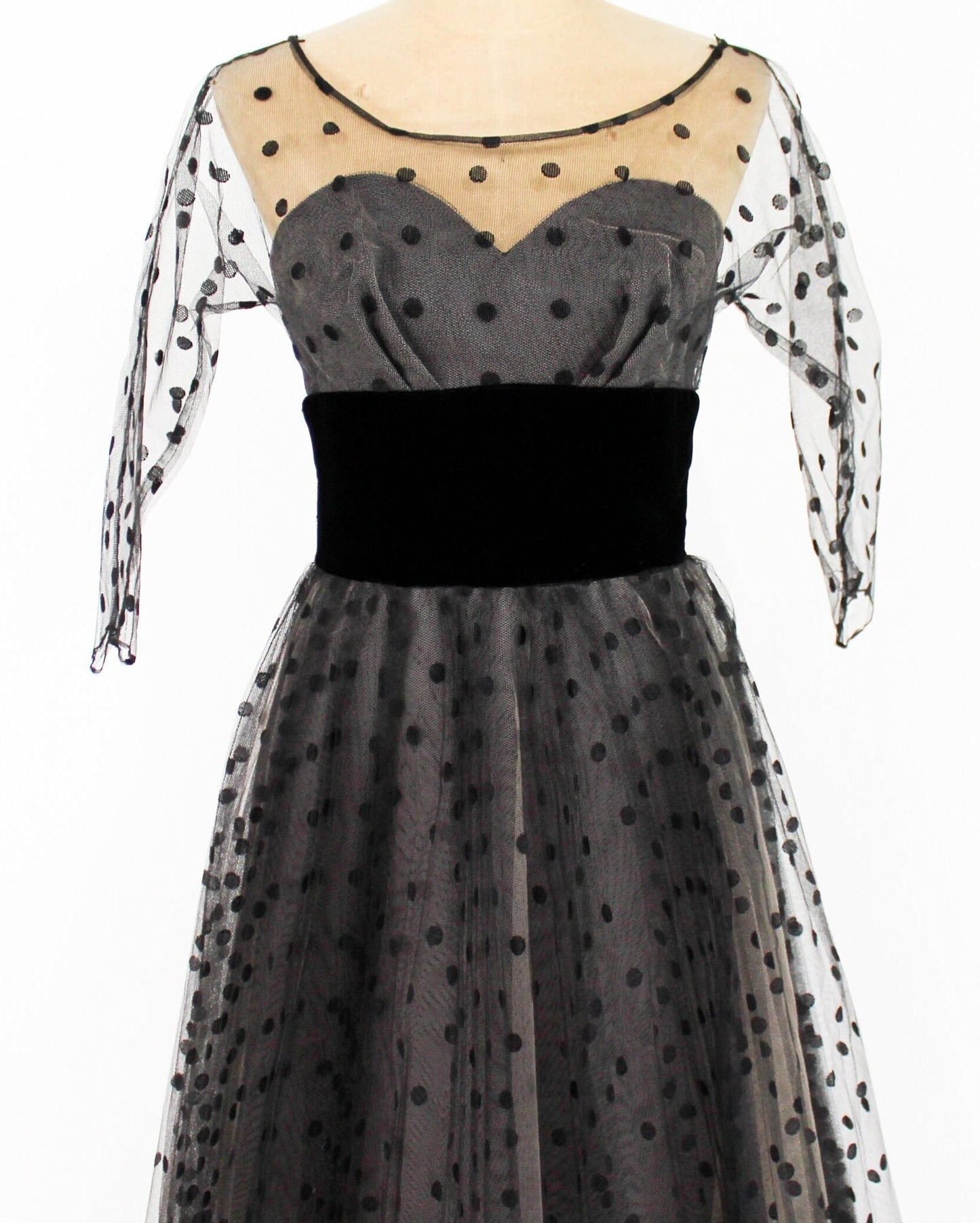 1950s Black Polka Dot Tulle Party Dress, Extra Small