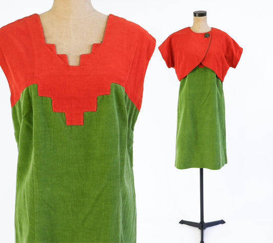 1960s Green & Orange Corduroy Shift & Jacket, Large