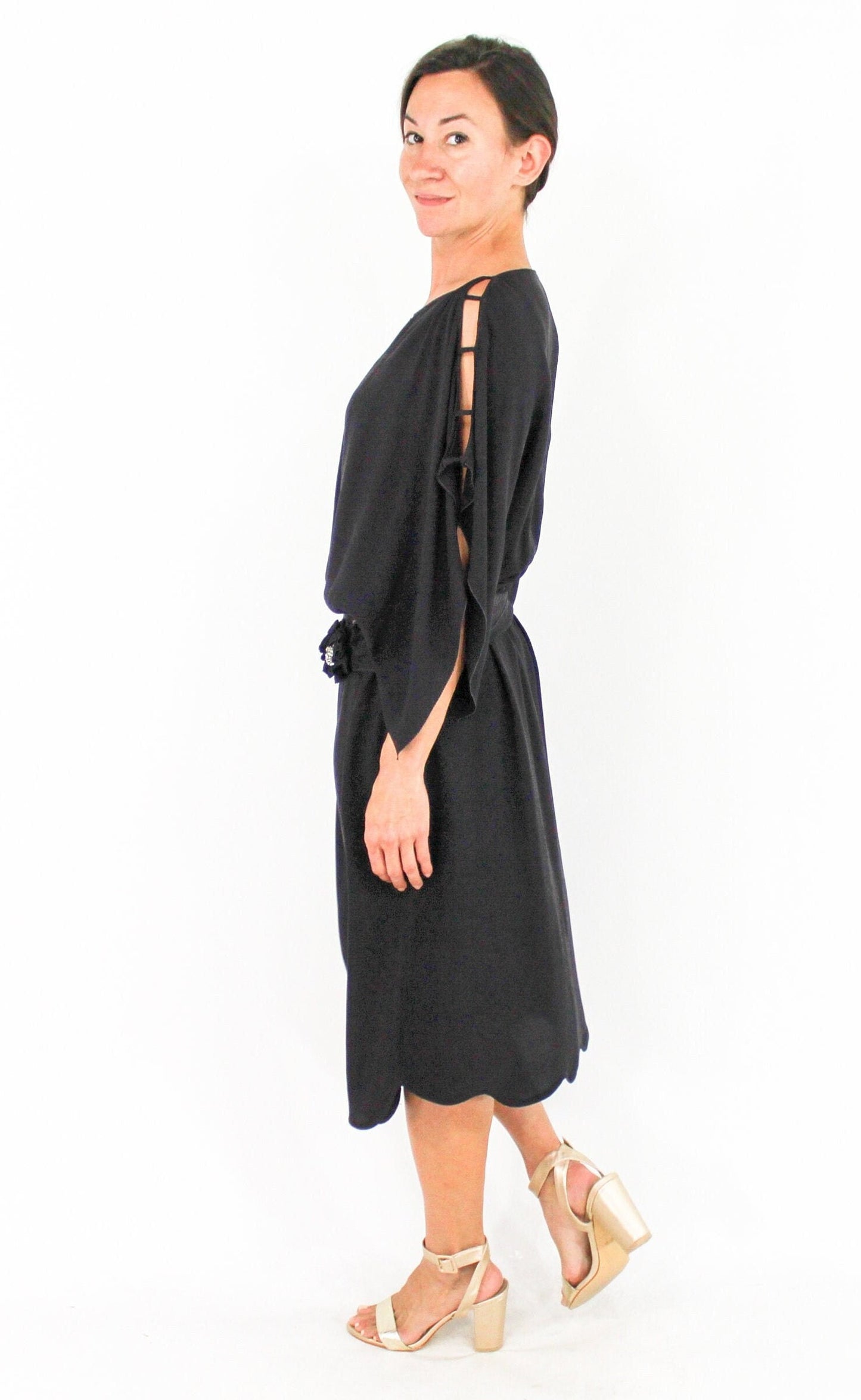 1920s Black Silk Crepe Flapper Dress with Rhinestone Detail, Large