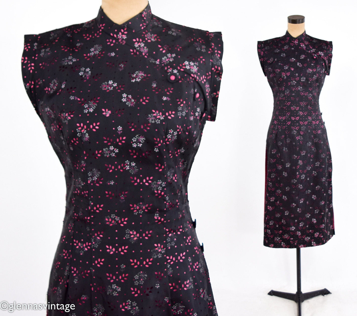 1950s Black & Pink Floral Cheongsam Dress in Eyelet Taffeta, Medium