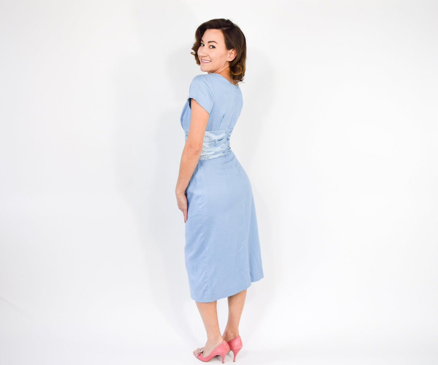 1950s Blue Cotton Sheath Dress with Satin Waist, Small