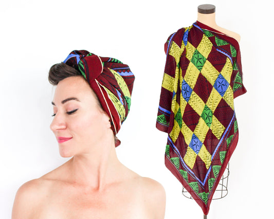 1950s Tiki Print Silk Scarf | Brown Checkerboard Headscarf