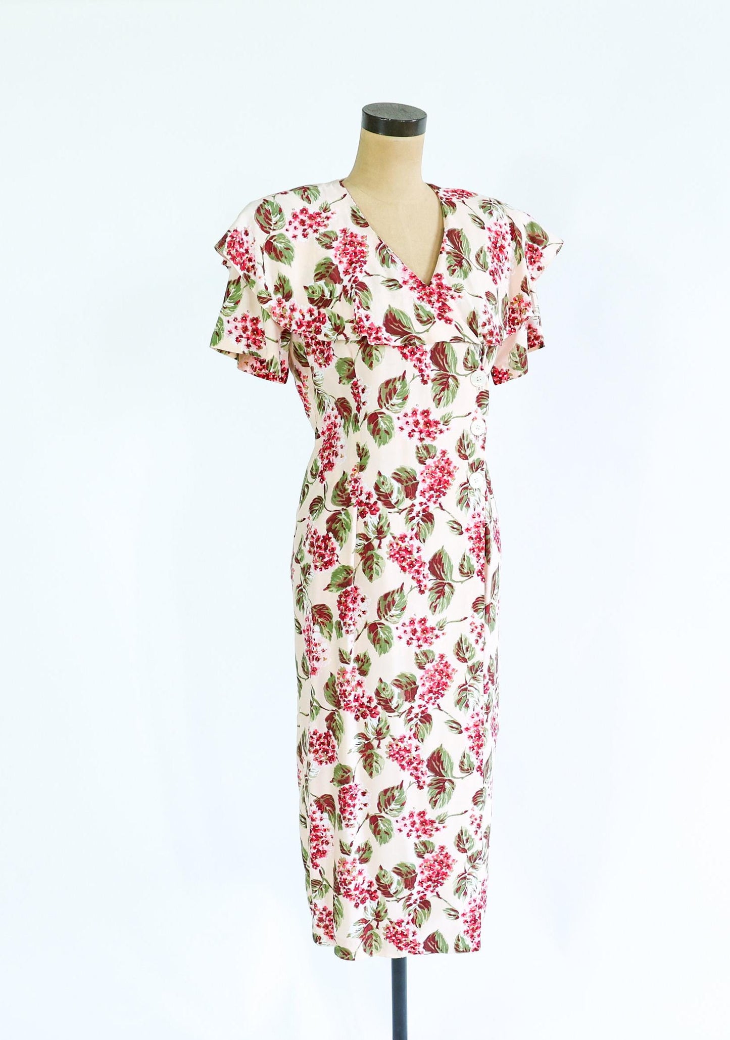 1980s Creme & Pink Floral Print Dress, Size 8 Medium