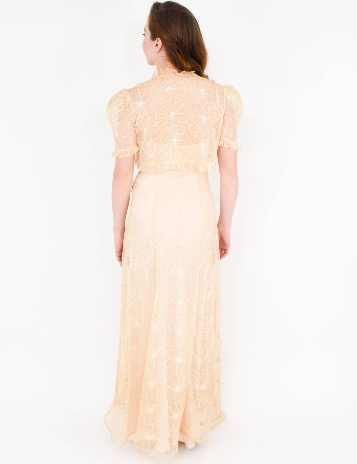 1930s Beige Tambour Lace Evening Dress & Bolero, Old Hollywood Style Wedding, Small