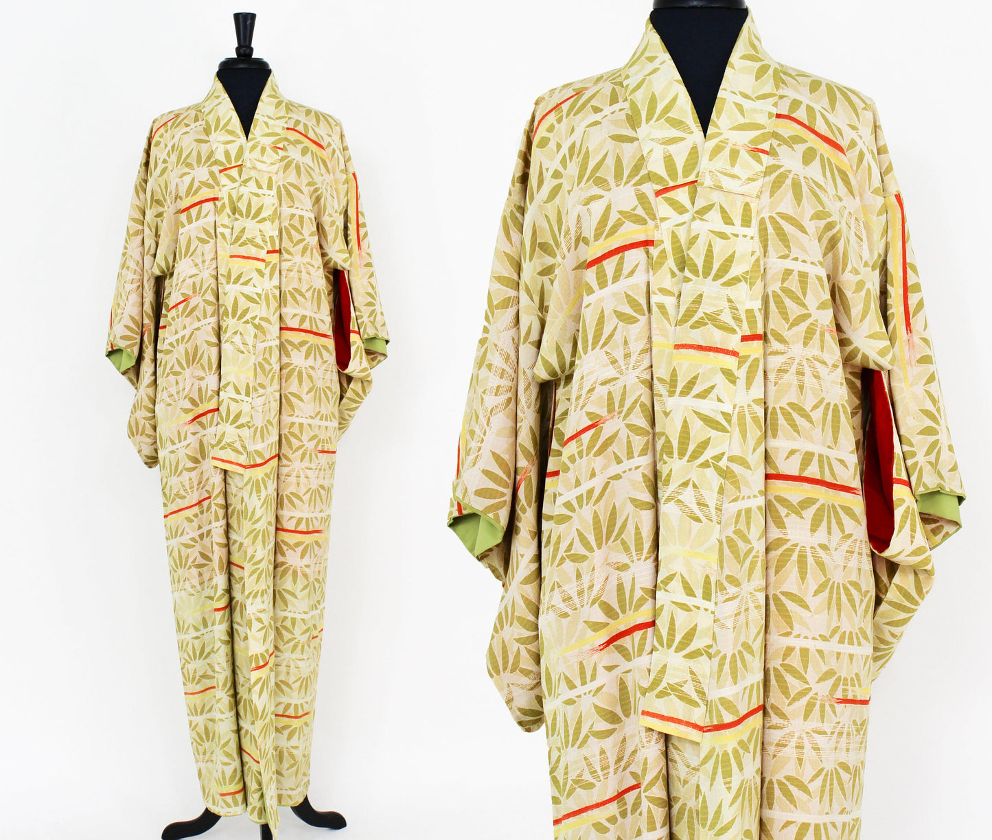 1950s Vintage Yellow Print Silk Kimono | 50s Yellow & Green Bamboo Leaf Kimono