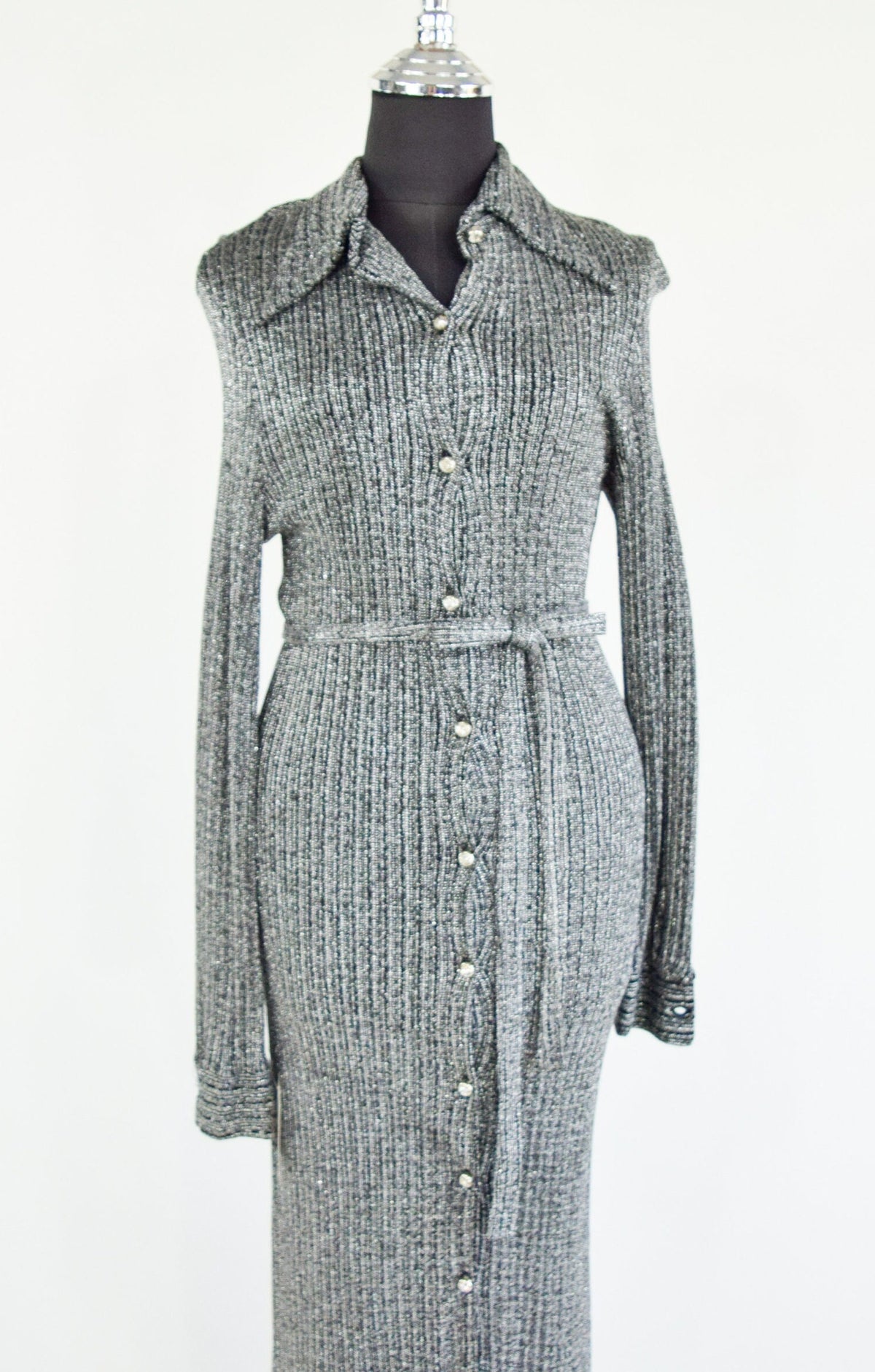 1970s Vintage Silver Knit Maxi Dress | Rhinestone Button, Tie Waist, Small