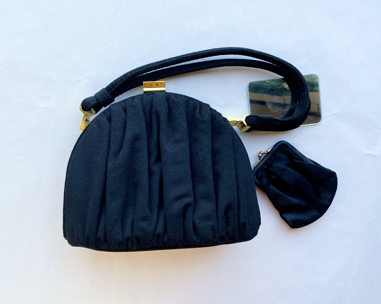1940s Black Wool Handbag | 40s Black Gathered Wool Purse