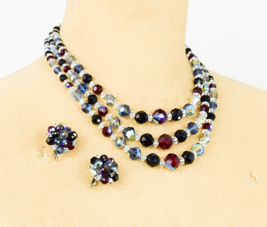 1950s Red & Black Crystal Necklace Earring Set | Crystal Glass Choker Earrings