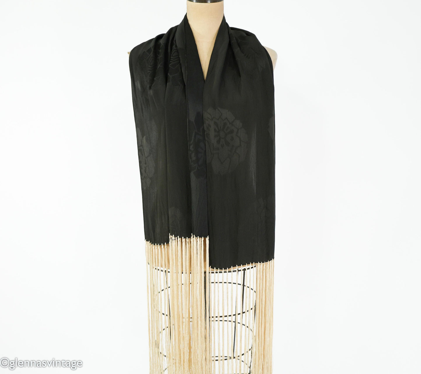 1920s Black Silk Scarf with Long Creme Fringe