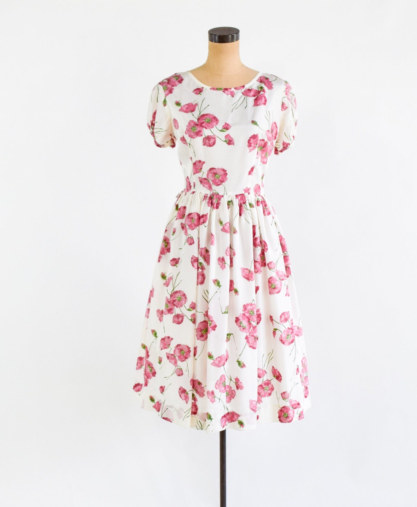 1950s Pink Floral Print Day Dress, Medium