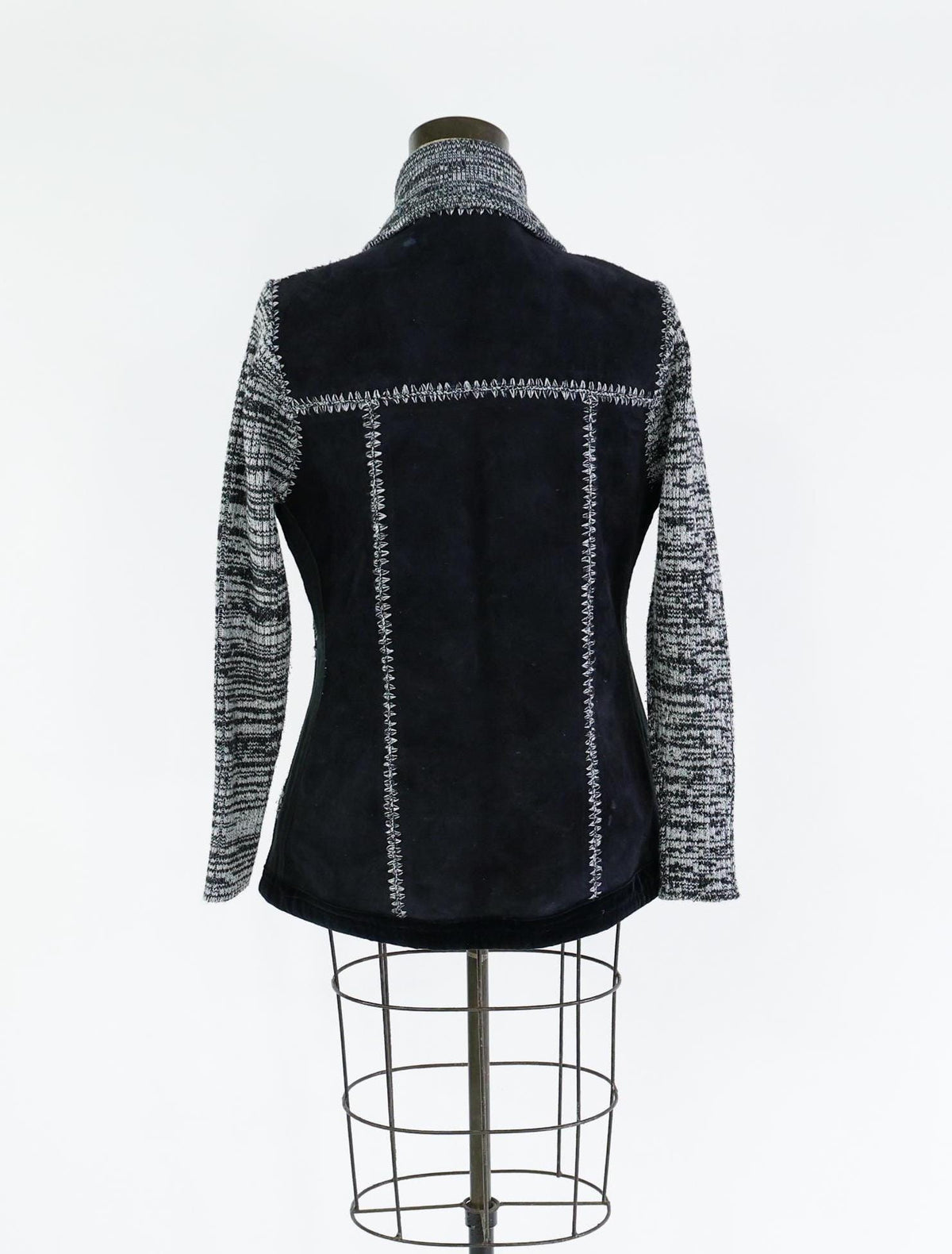 1970s Black Suede Patchwork Knit Jacket with Shawl Collar, Large