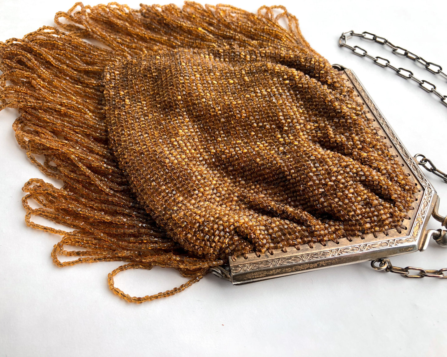 1900s Gold Beaded Evening Handbag | Gold  Loop Fringe Bag