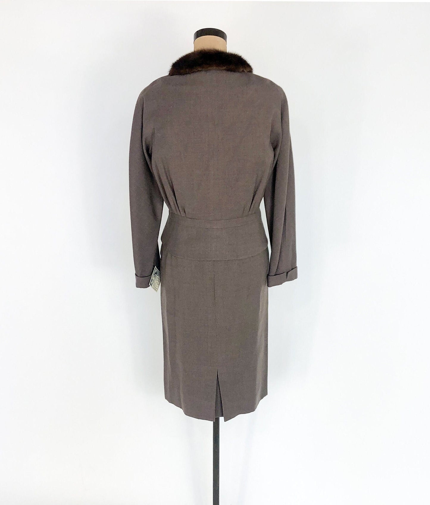 1940s Brown Wool Suit | 40s Brown Suit & Mink Collar | Medium