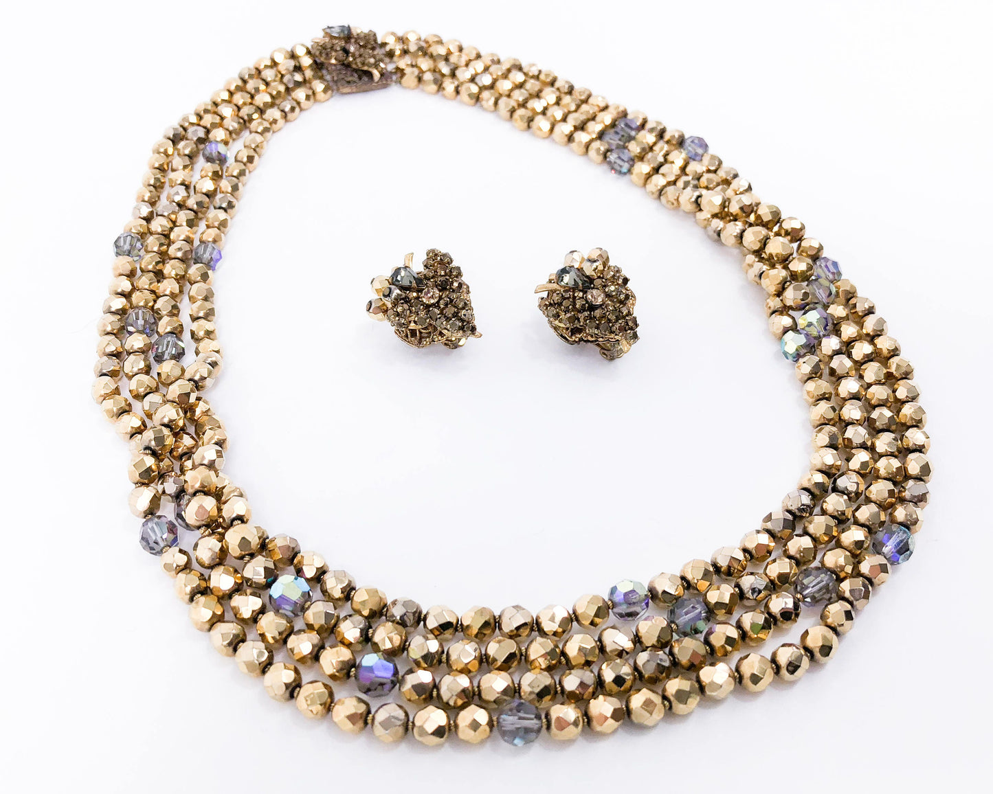 Eugene | 1950s Bronze Crystal Necklace & Earrings Set | 50s Bronze Crystal Evening Jewelry Set | Gold Crystal Necklace Set | Eugene