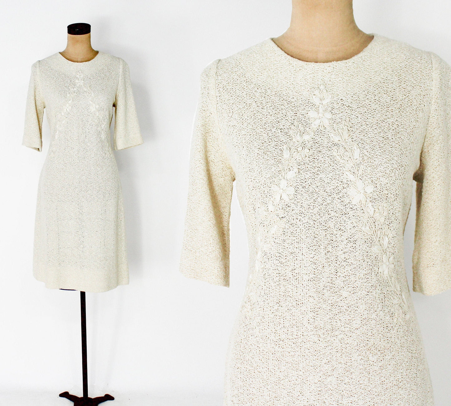 1960s Creme Knit Dress | Beige Nubby Knit Shift, Medium