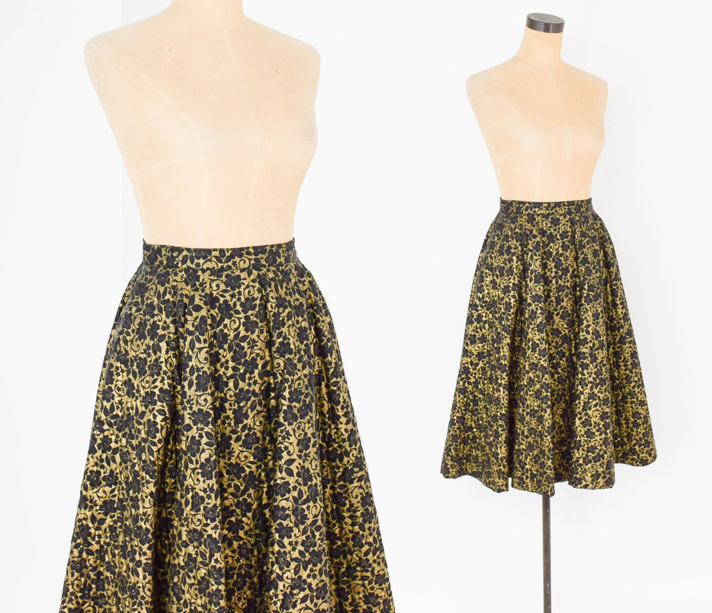 1950s Black Quilted Circle Skirt | 50s Black & Gold Quilted Swing Skirt | Mc Arthur Ltd. | X Small