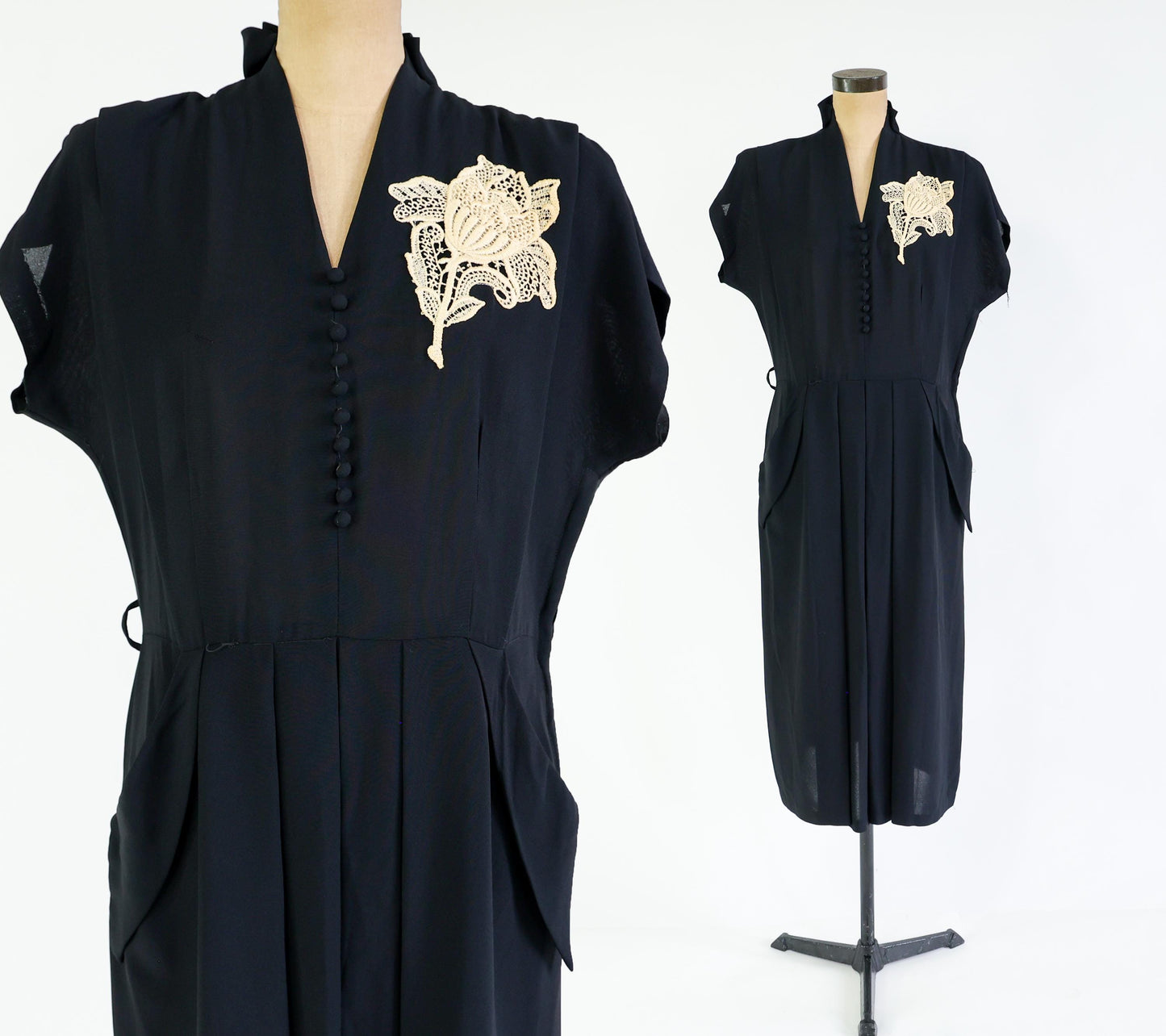 1940s Vintage Black Embroidered Cocktail Dress, Extra Large