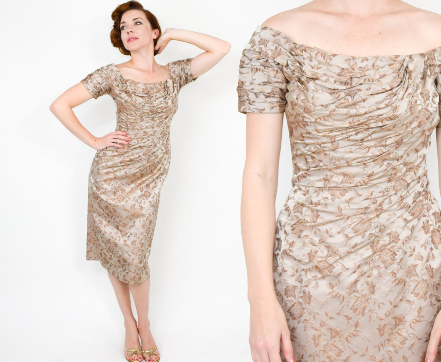1950s Ceil Chapman Beige Silk Evening Gown, Small