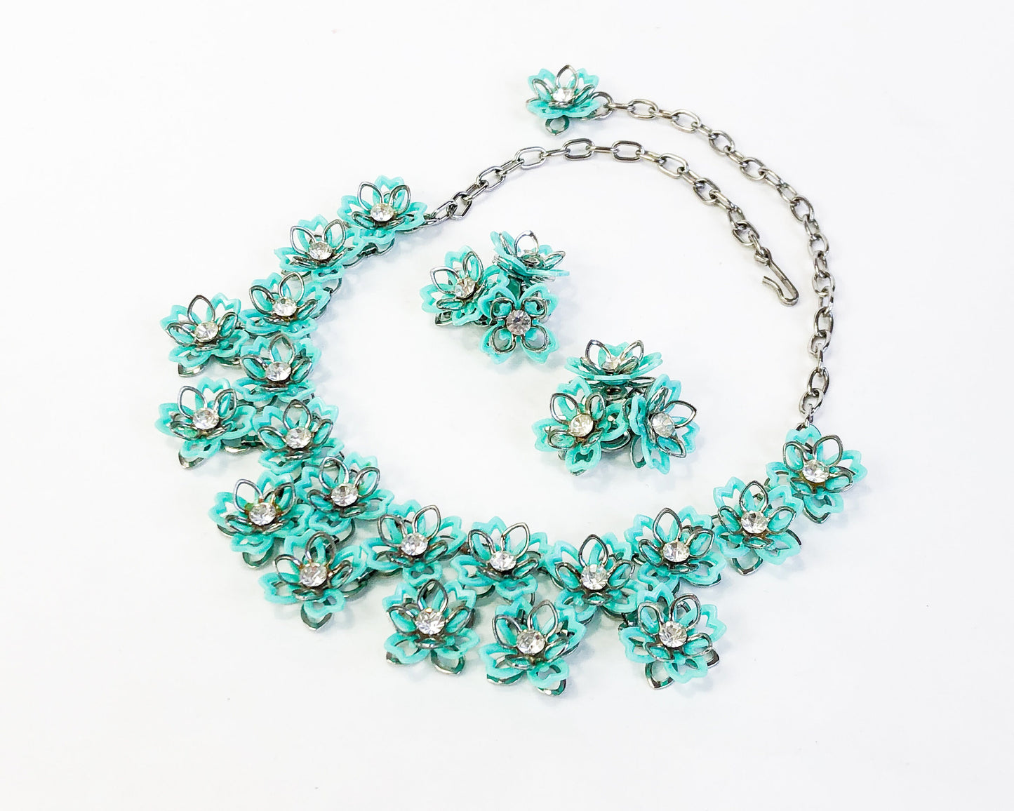 1960s Turquoise Flower Necklace Set | 60s Turquoise Plastic Flowers Necklace Jewelry Set