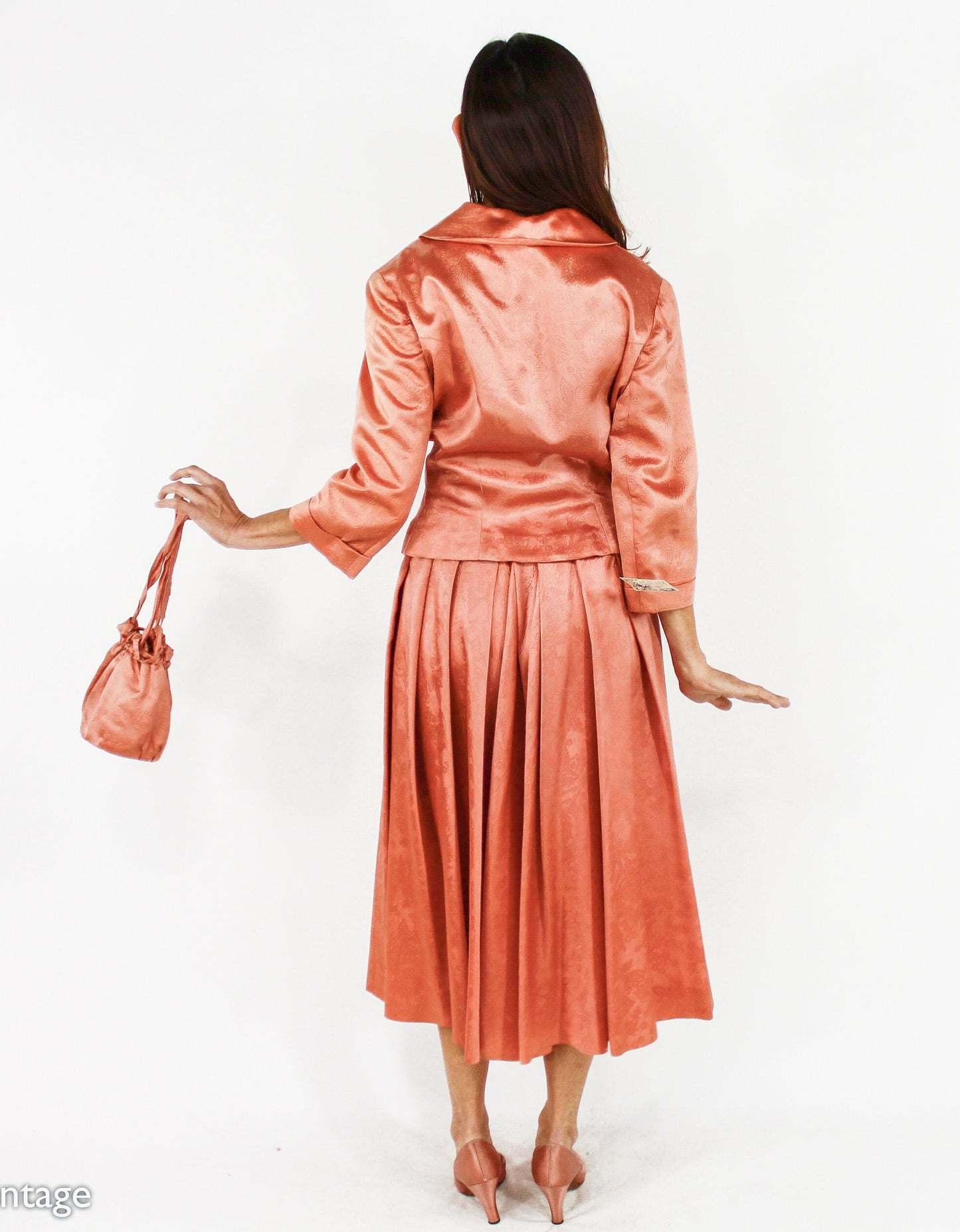 1940s Peach Satin Suit Set | 40s Orange Satin Wedding Skirt Suit Set | Medium