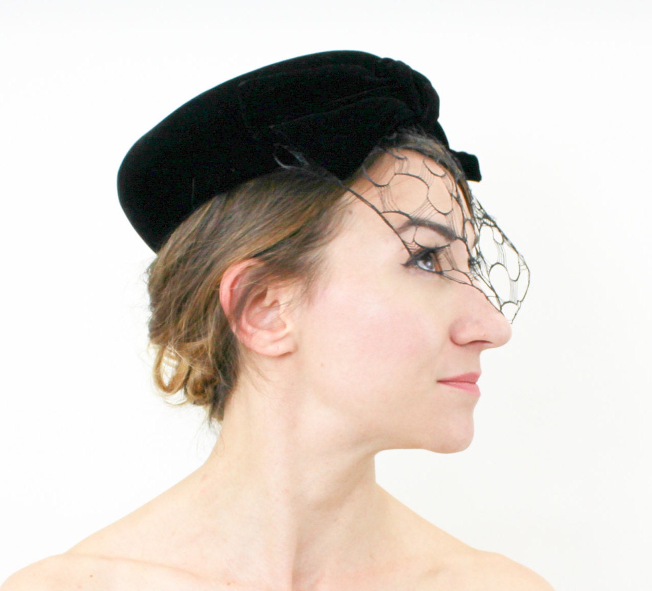 Mr John Classic Black Velvet Pillbox Hat 1950s