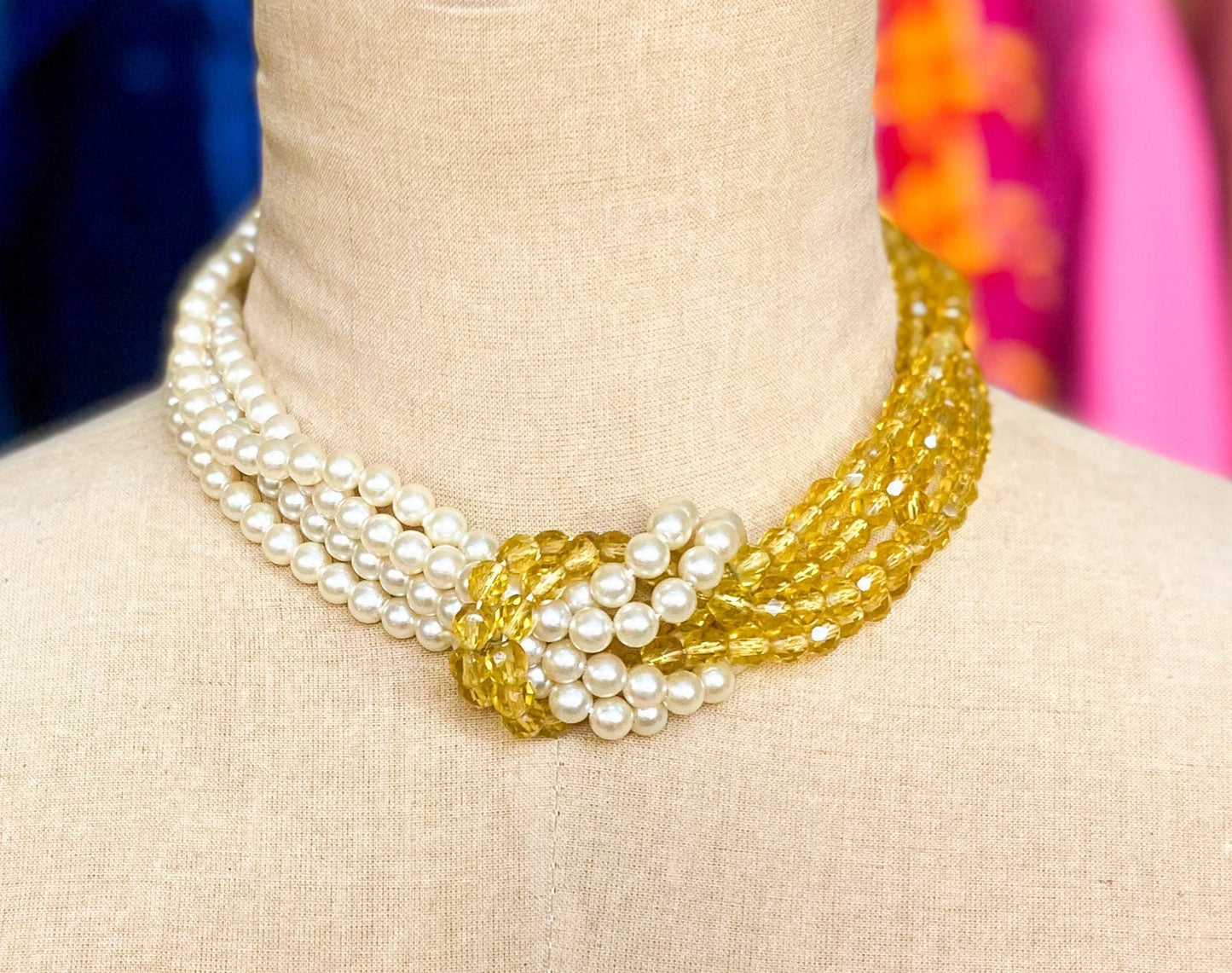 1950s Gold Crystal Necklace | 50s Crystal & Pearl Choker