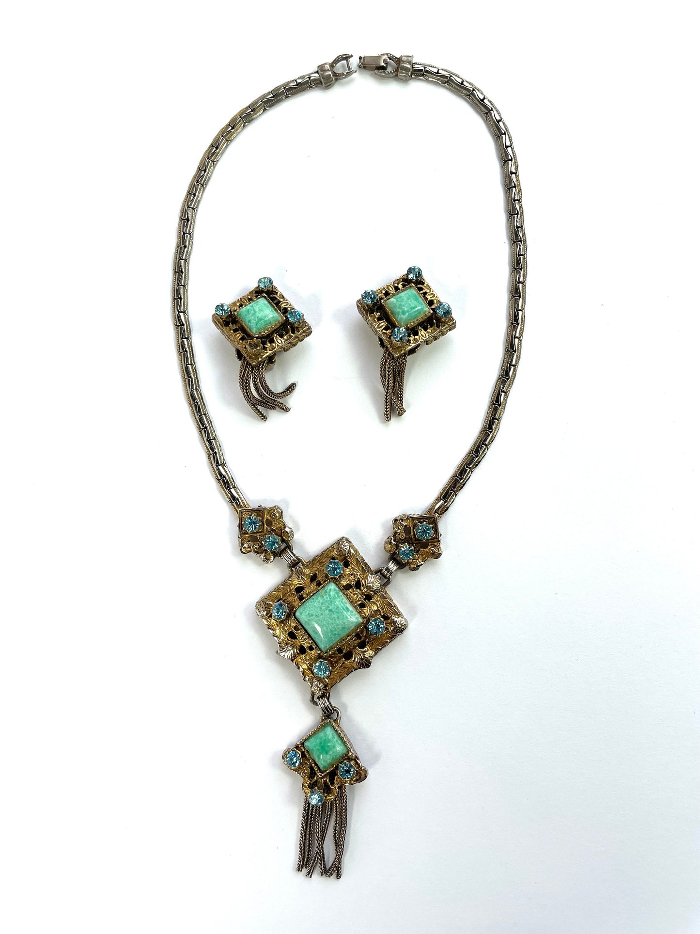 1940s Baroque Jewelry Set, Turquoise Stone Pendant Necklace & Earrings Set