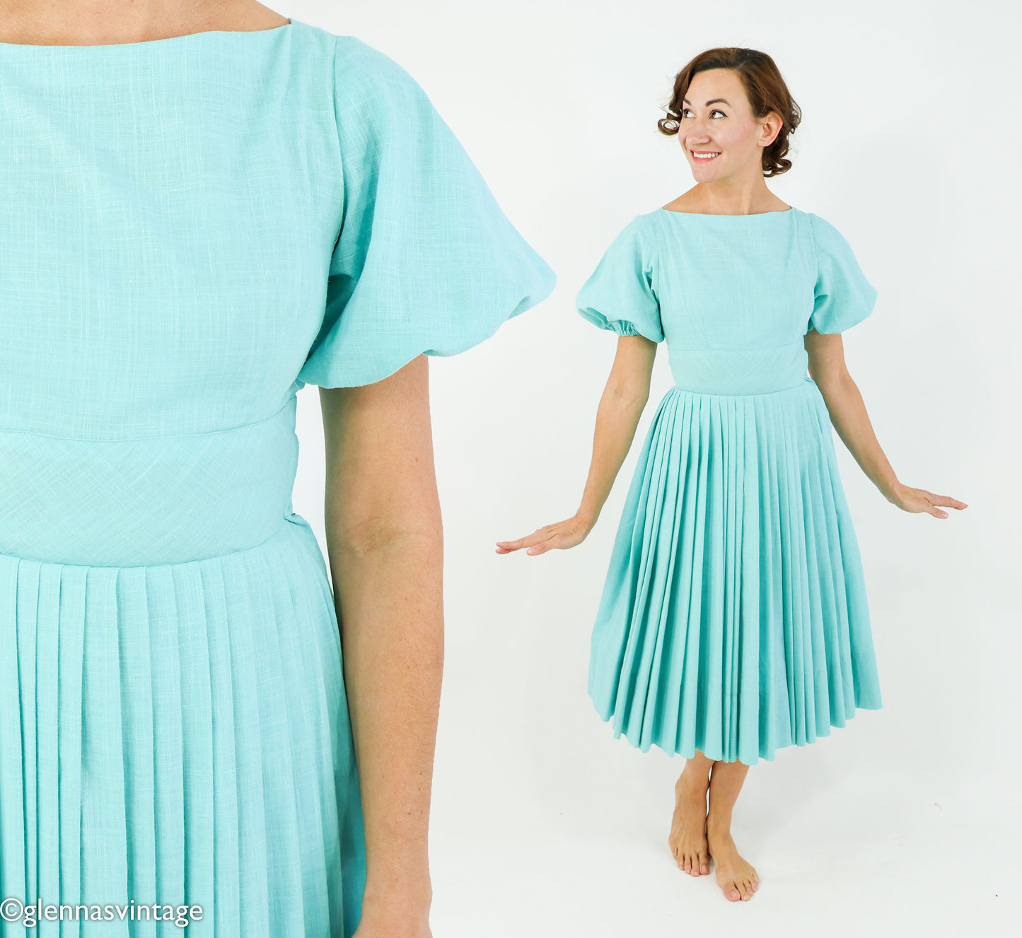 1950s Turquoise Blue Cotton Dress, Extra Small